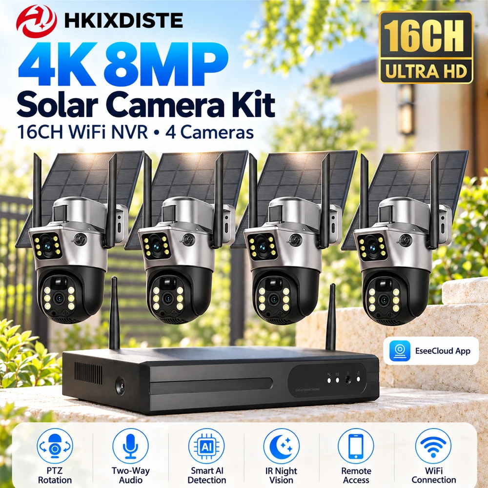 16CH NVR 8MP WiFi Solar Security Dual Lens PTZ Camera System Wireless Outdoor CCTV NVR Kit Two Way Audio Waterproof Surveillance