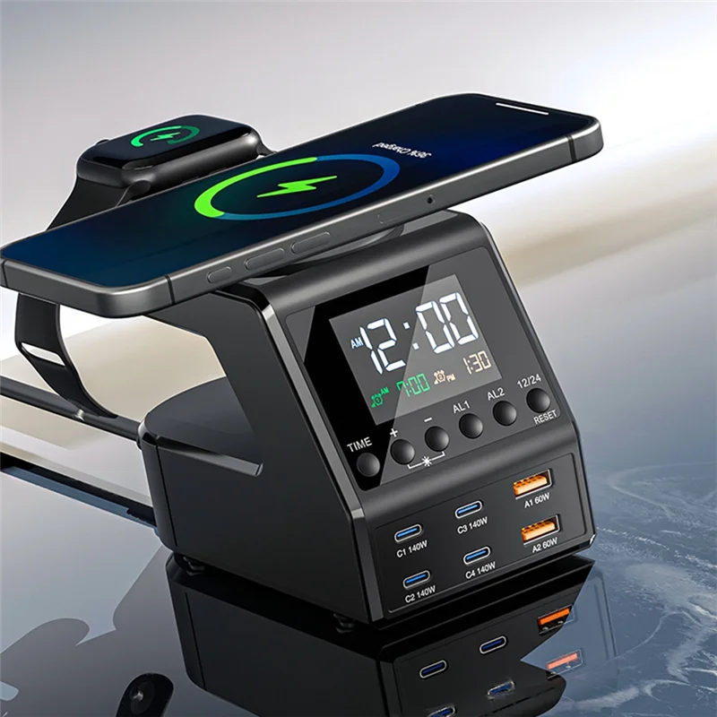 【صفقة حصرية!】محطة شاحن غان 240 وات مع منبه لعرض الوقت 4X140w PD3.1 USB Type C شاحن لاسلكي سريع لجهاز Macbook #6