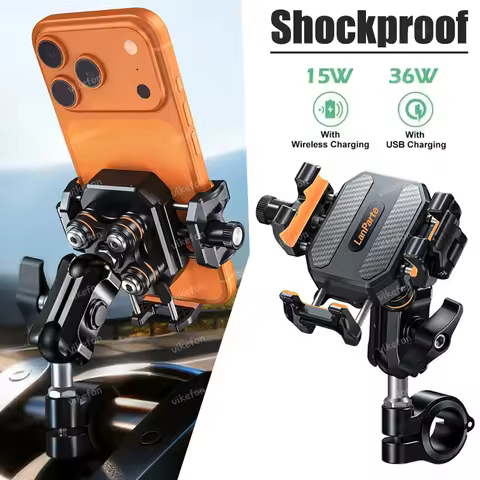 Shockproof Motorcycle Phone Holder 15W Wireless Charger &amp; 36W USB C Fast Charging Motorbike Bicycle Bike Scooter Phone Stand