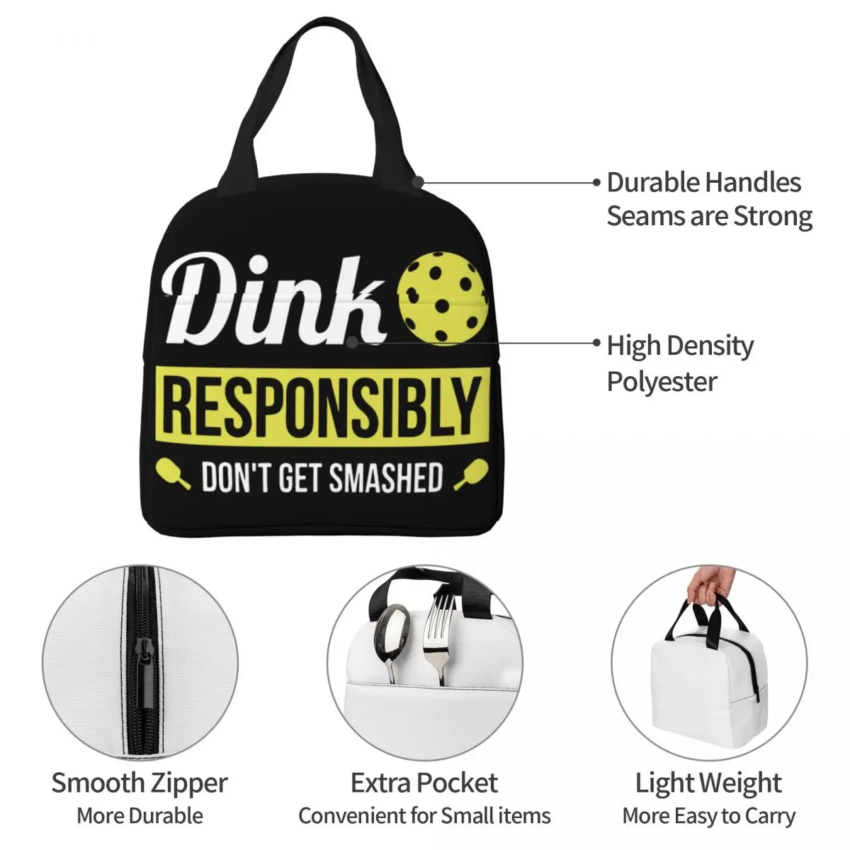 Dink-Bolsa de almuerzo con aislamiento Pickleball, contenedor de comida de alta capacidad, fiambrera de mano, Picnic de oficina para niños y niñas