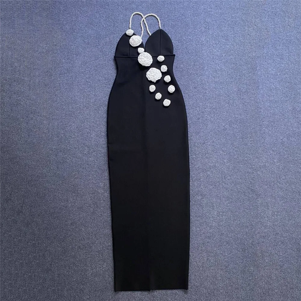 2024 Spring Autumn Spaghetti Strap Flowers Kint Dress Black Spaghetti Strap