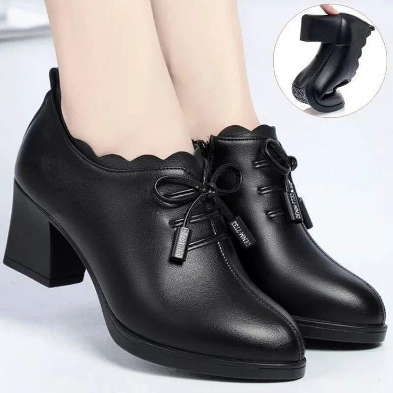 Shoe for Women 2023 Autumn/Winter High Heels Shoe Women New Thick Heel Pointed Leather Shoe Bowknot Fashion Single Shoe Zapatos