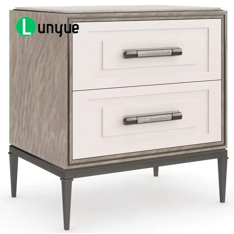 Luxury Bedside Table Hand Carved Wood with Metal Trim Classic Style Nightstand for Bedroom Living Room Elegant Home Furniture