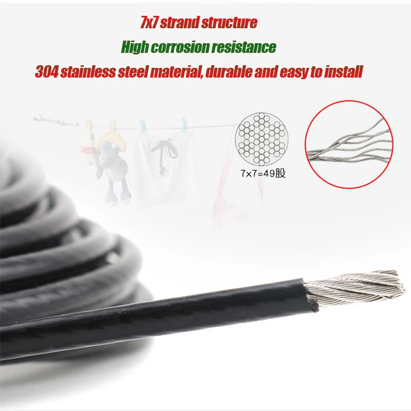 1-10 Meter 1 1.2 1.5 2 3 4 5 6mm Black PVC Coated Steel Wire 304 Stainless Steel Stranded Wire Rope Soft Cable Steel Clothesline