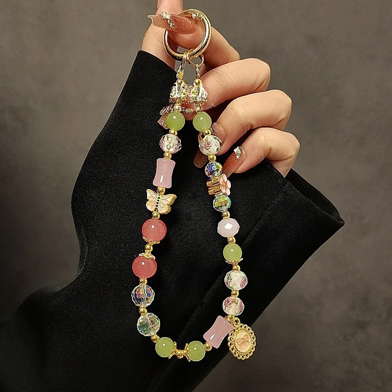 

Alloy Handmade Beaded Mobile Phone Pendant, Glazed Crystal Anti-lost Bag Pendant