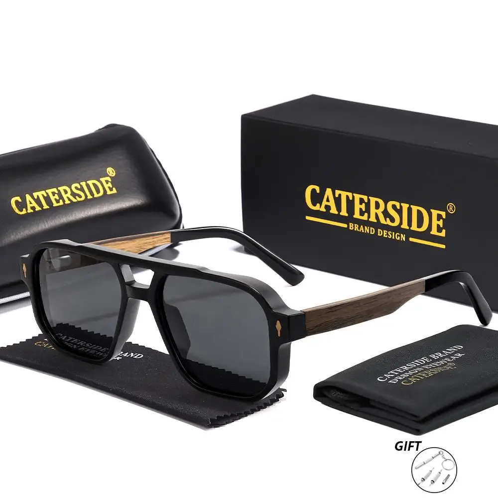 CATERSIDE Retro Quadratische Piloten-Sonnenbrille für Herren und Damen mit Holzmaserung-Bügeln, Korrektionsbrille, Luxuriöse Maßanfertigung – Detail 7