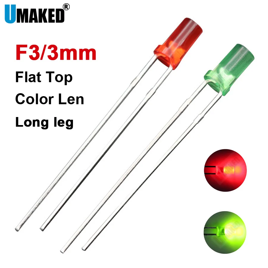 1000pcs 3mm Long leg Clear LED flat top lamps diodes chip 20mA light beads F3 led Emitting diodes WW/W/R/G/B/Y Lighting DIY lamp