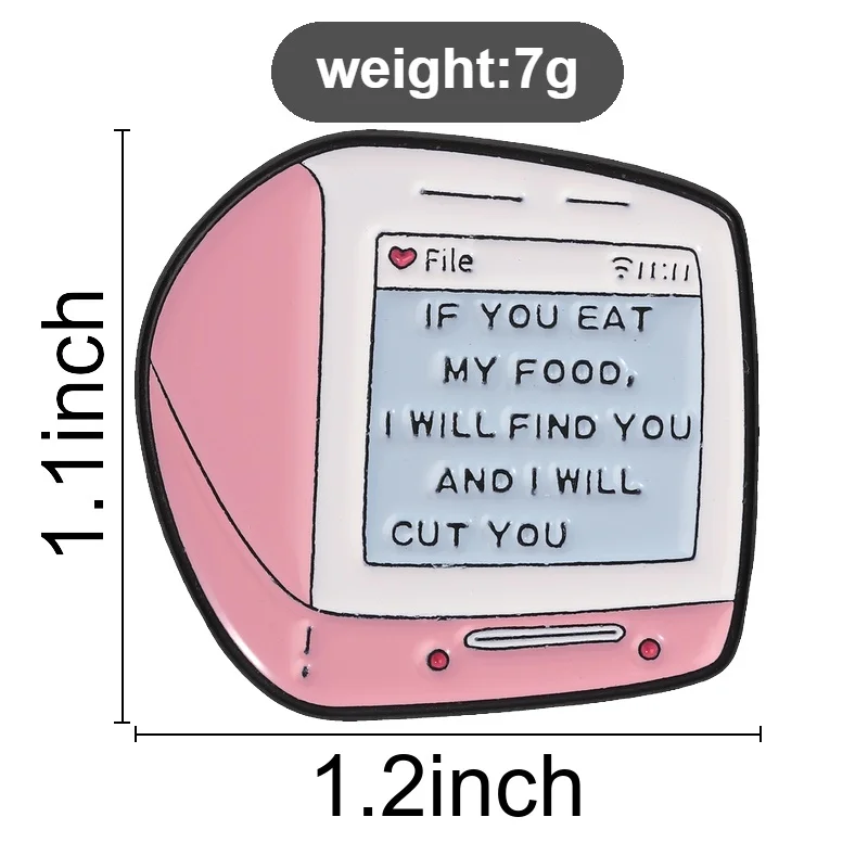 Old School Monitor Eat My Food Enamel Pin, Pink Retro Computer Brooch With Sarcastic Warning For Funny People And Gift Style