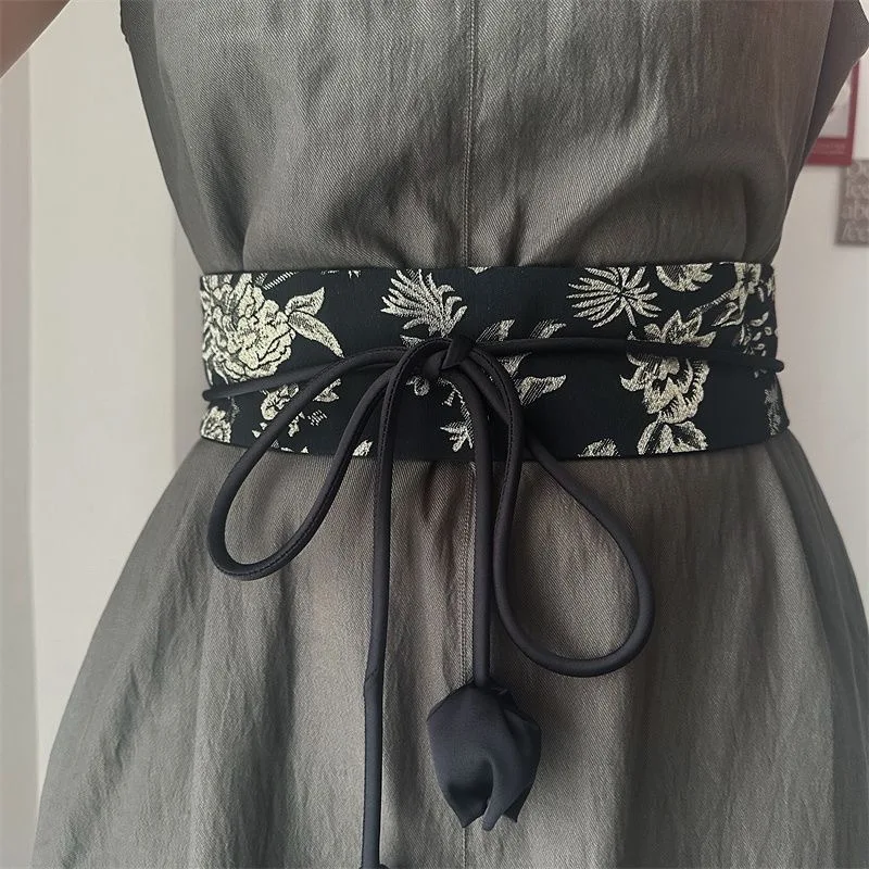 Women Embroidered Wide Waist Sash Retro Style Fabric Belt Vintage Dress Decoration Versatile Cinch Waist Ethnic Tie