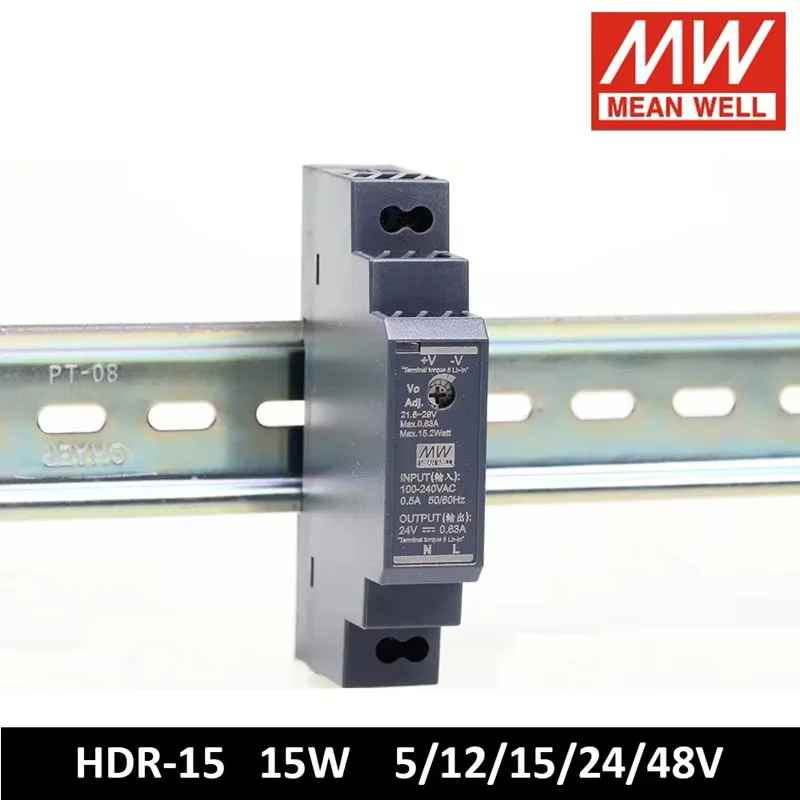 Mean Well HDR-15 15W 85-264VAC TO DC 5V 12V 24V 48V Meanwell Ultra Slim DIN Rail Power Supply HDR-15-5 HDR-15-12 HDR-15-24