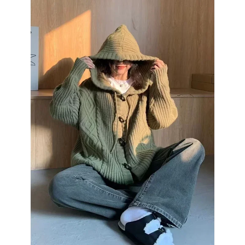 

Cardigan Sweater Hooded Knitted Long-sleeved Jacket Women's New Spliced loose Draped Lazy Twist