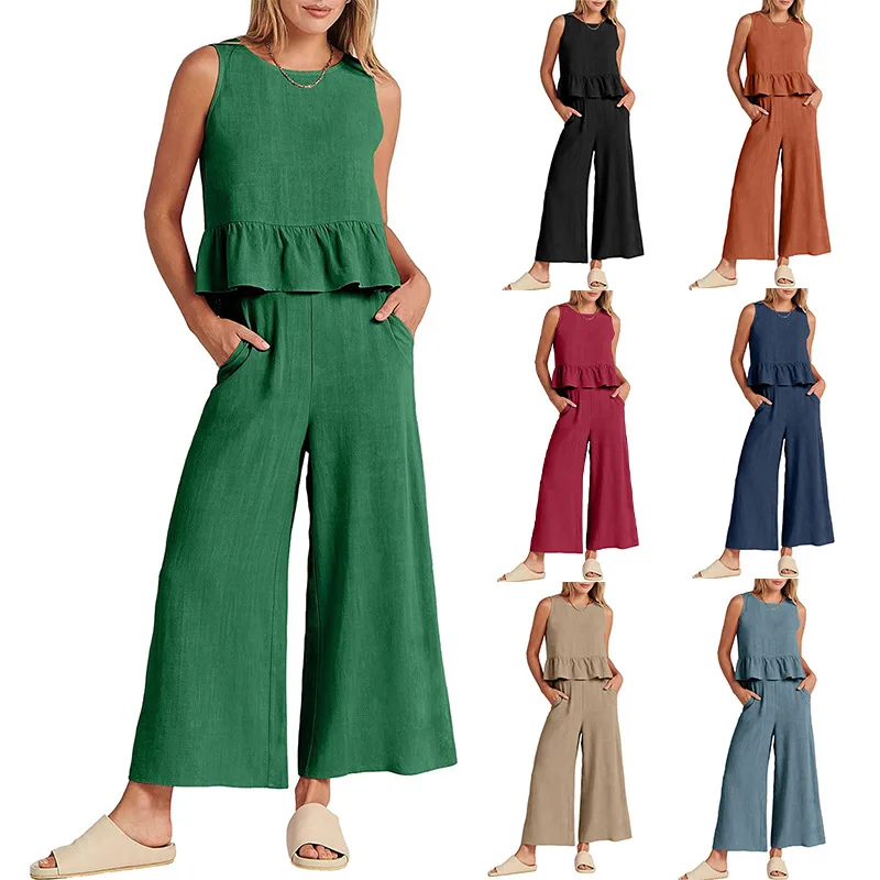 Summer New Casual Two Piece Set For Women Sleeveless Solid Color T Shirt Loose Wide Legs Trousers Ladies Sets Fashion Commuting