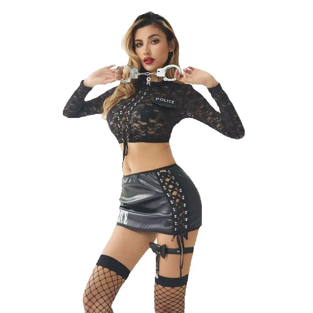 

2025 New Women's Sexy Two Pieces Roleplay Police Uniform Adult Lady Lace Long Sleeve Cosplay Lingereie Dress Naugty Fliter Wear