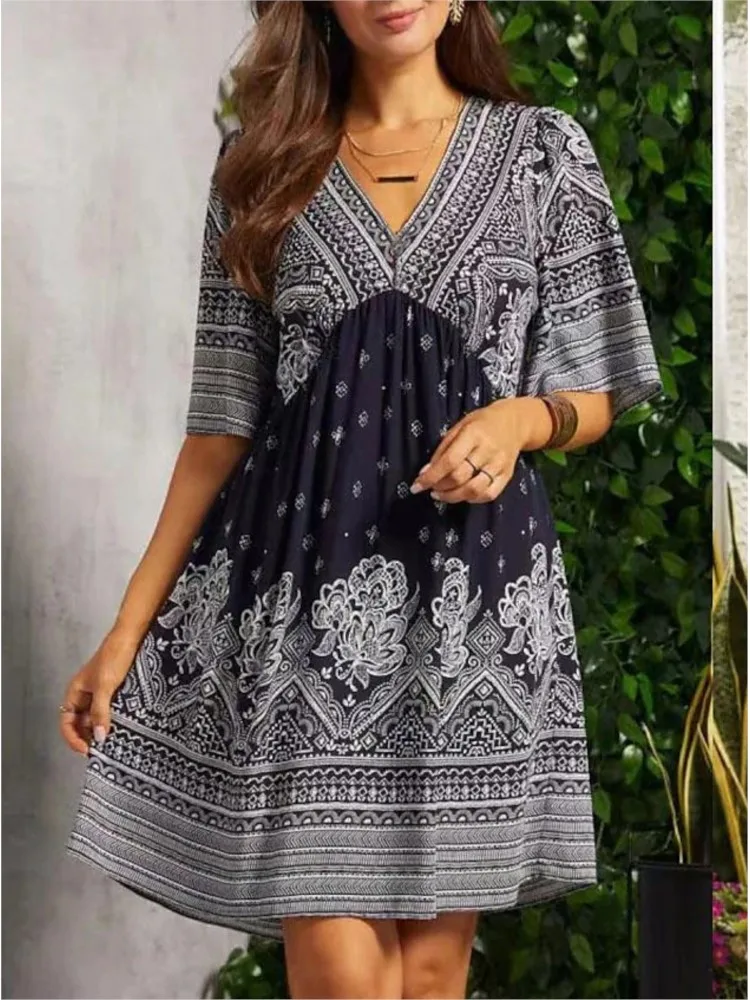 

Casual Boho Print Dress Female Fashion V Neck Pullover Loose Dresses For Women Holiday Beach Skirts Womens Clothing Summer New