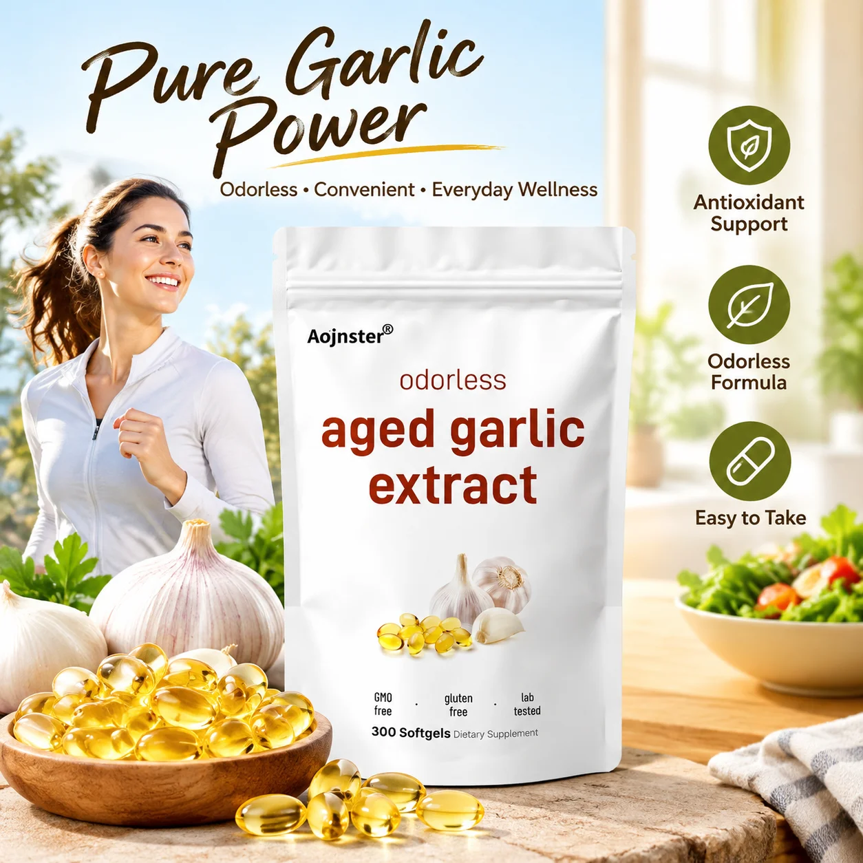 Odorless Aged Garlic Extract Softgels 300pcs, Antioxidant Support, Non-GMO Gluten Free Garlic Oil Dietary Supplement