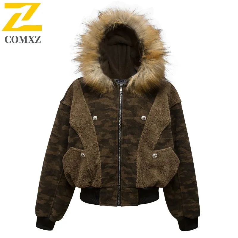 

COMXZ Men Parker Coat American Retro Hooded Warm Feature Ski Trip Padded Jacket Street Camping Windproof Design Winter Padding