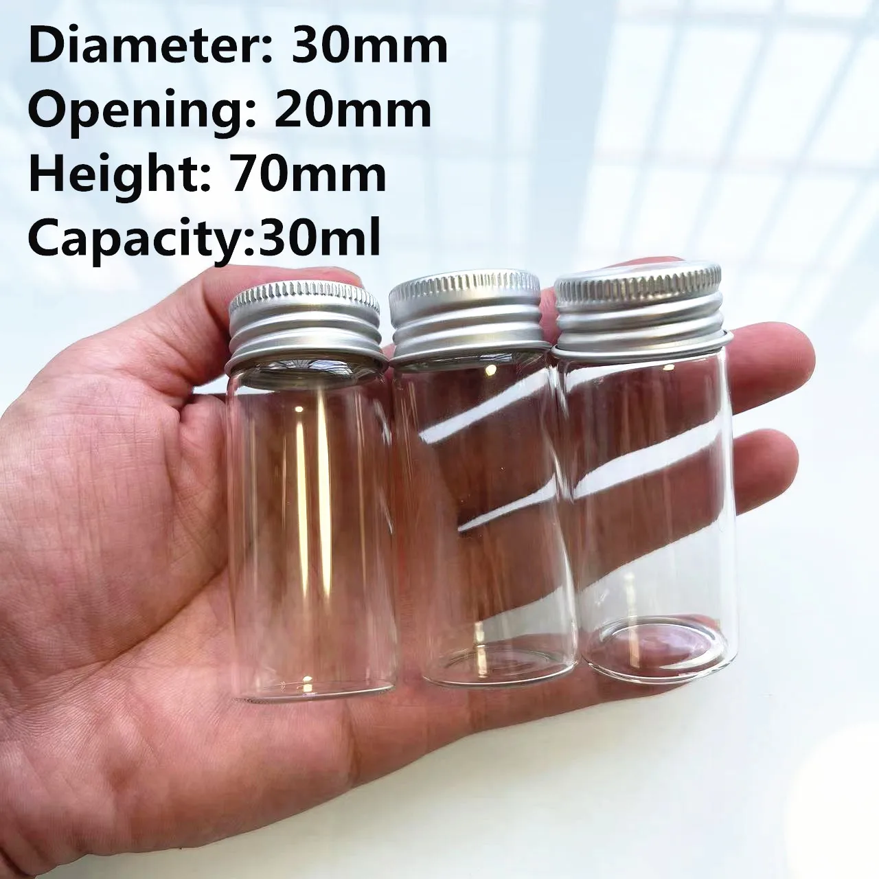 24 PCS/lot 20*30*70mm 30ml Cute Small Glass Bottles Aluminum Caps Glass Tiny Jars Vials Transparent Glass test tube Bottles