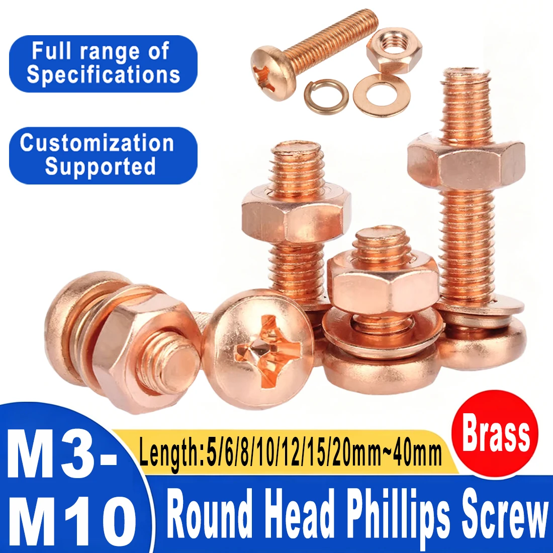 M3M4 ~M10 T2 Pure Copper Round Head Cross Screw Bolts Washer Hexagon Nut Set Phillips Groove Machine Tooth Screw Length 5mm~40mm