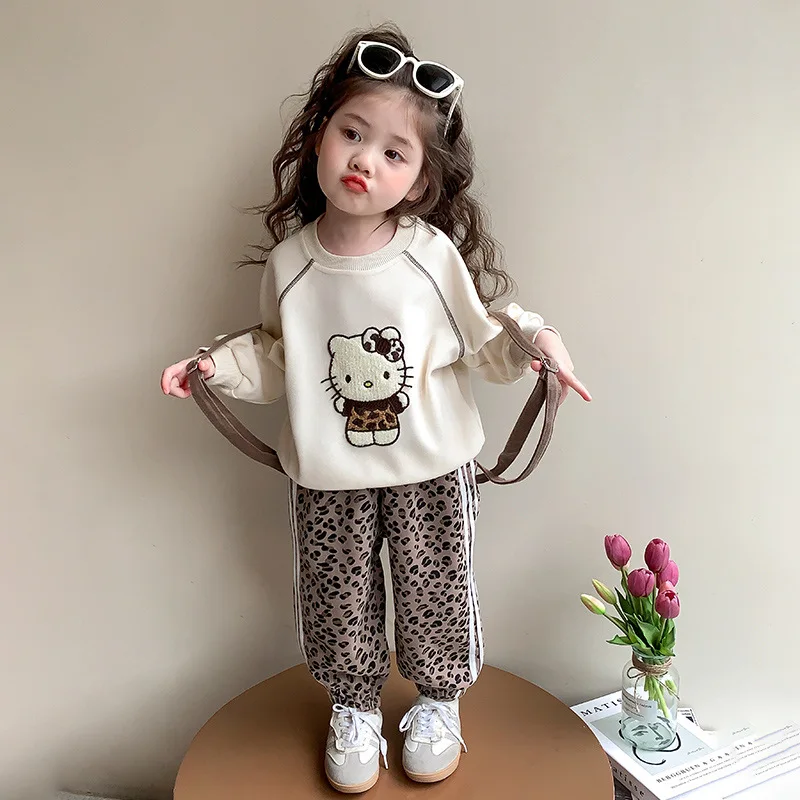 

Sanrio Hello Kitty Girls' Spring/autumn Set New Trendy Stylish Towel Embroidery Leopard Print Baby Cute Spring Sports Sweatshirt
