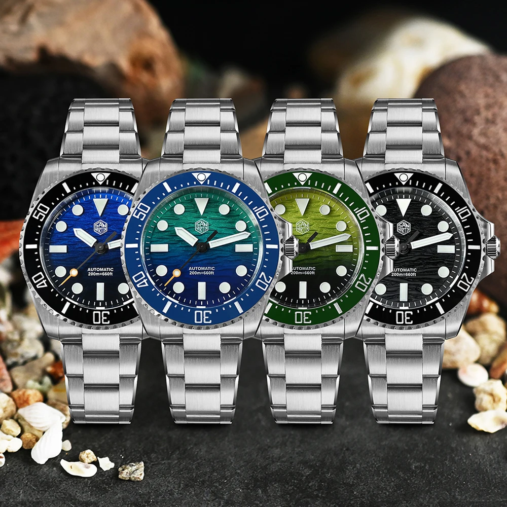 San Martin SN0126 38mm Luxury Men Dive Watch Miyota 90S5 Automatic Gradient Blue Wave Dial BGW-X1 Lume OTF Adjust Bracelet 20ATM