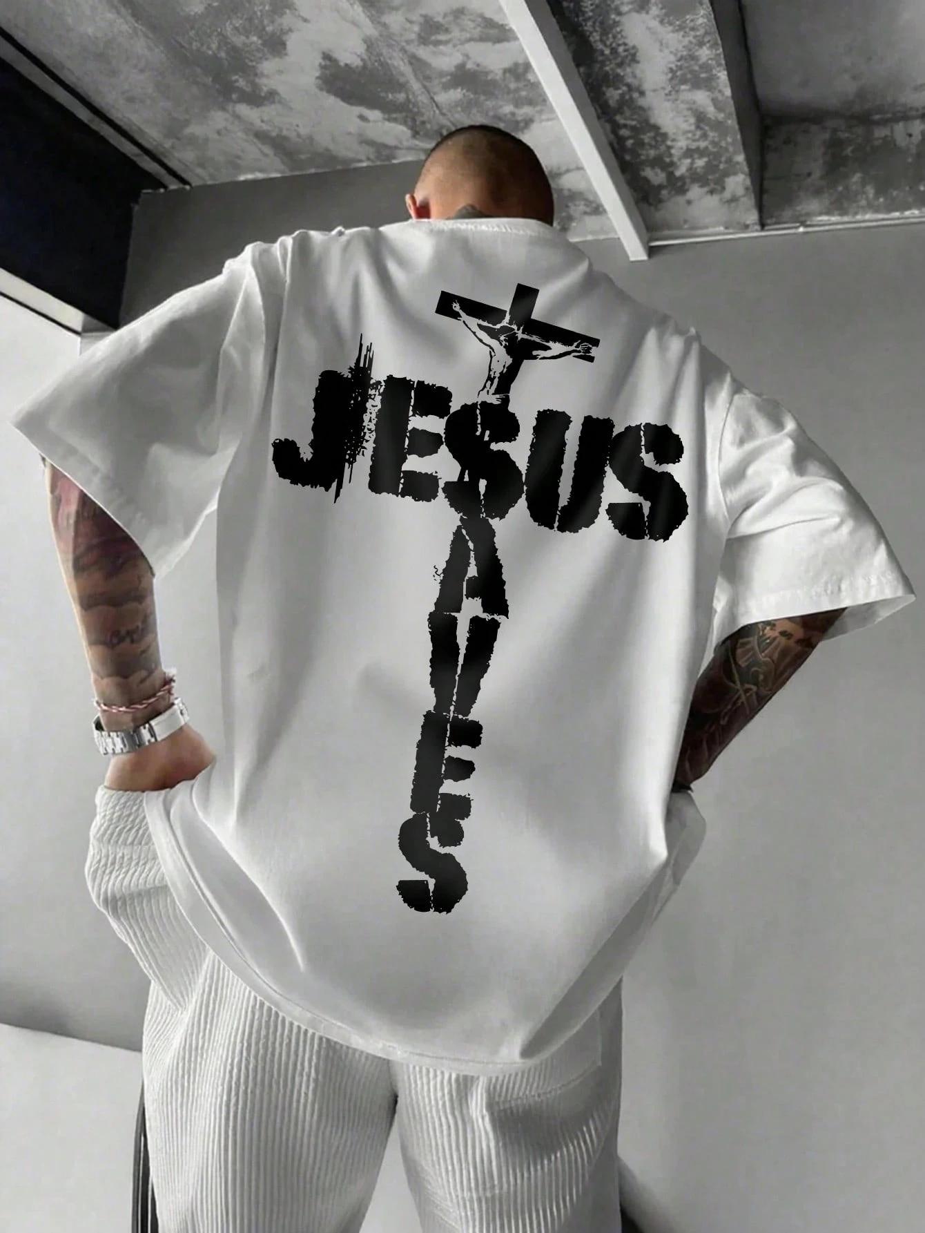 2026 New Parent‑Child Matching Oversize Cotton Tee Retro Distressed Text Cross Art Back Large Graphic Family Short SleeveT‑Shirt