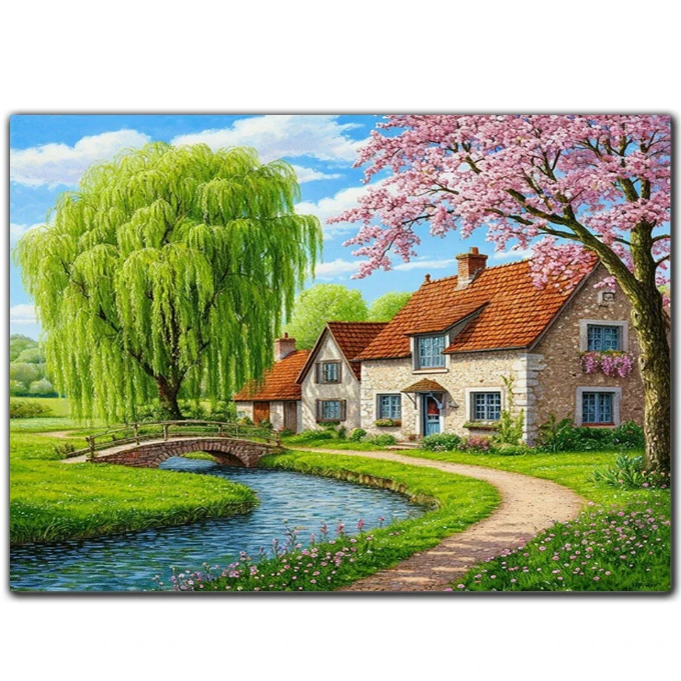 Novelties Diamond MosaicSpring Diamond Painting Tree Cherry Blossom House Embroidery Landscape Cross Stitch Home Decoration