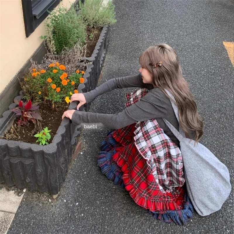 نصف تنورة نسائية 2025 ربيع وخريف جديد متقلب فضفاض متقلب الرابسودي الصوفية الدانتيل اللون حظر التدرج نصف تنورة