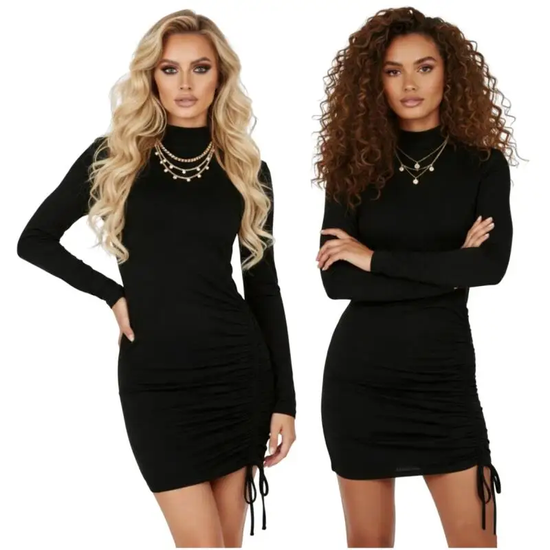 Women Long Sleeve Turtleneck Bodycon Dress Solid Color Ruched Drawstring Mini Dress Elegant Casual Slim Fit Party Short Dresses