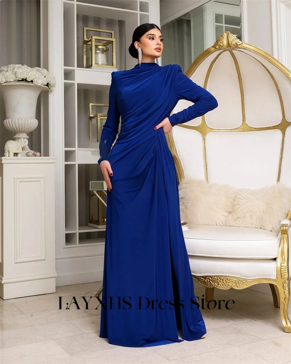 LAYXHS Vestidos de noite elegantes azul marinho, gola redonda, mangas compridas, costas nuas, flores 3D, linha A, vestidos formais de baile personalizados