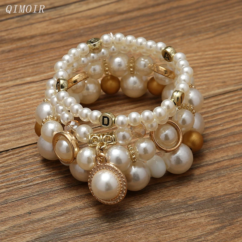 Imitation Pearl Stretch Bead Bracelets Set For Women Metal Adjustable Elastic Charms Vintage Strand Girls\' Fashion Jewelry C1306