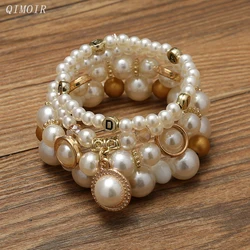 Imitation Pearl Stretch Bead Bracelets Set For Women Metal Adjustable Elastic Charms Vintage Strand Girls' Fashion Jewelry C1306