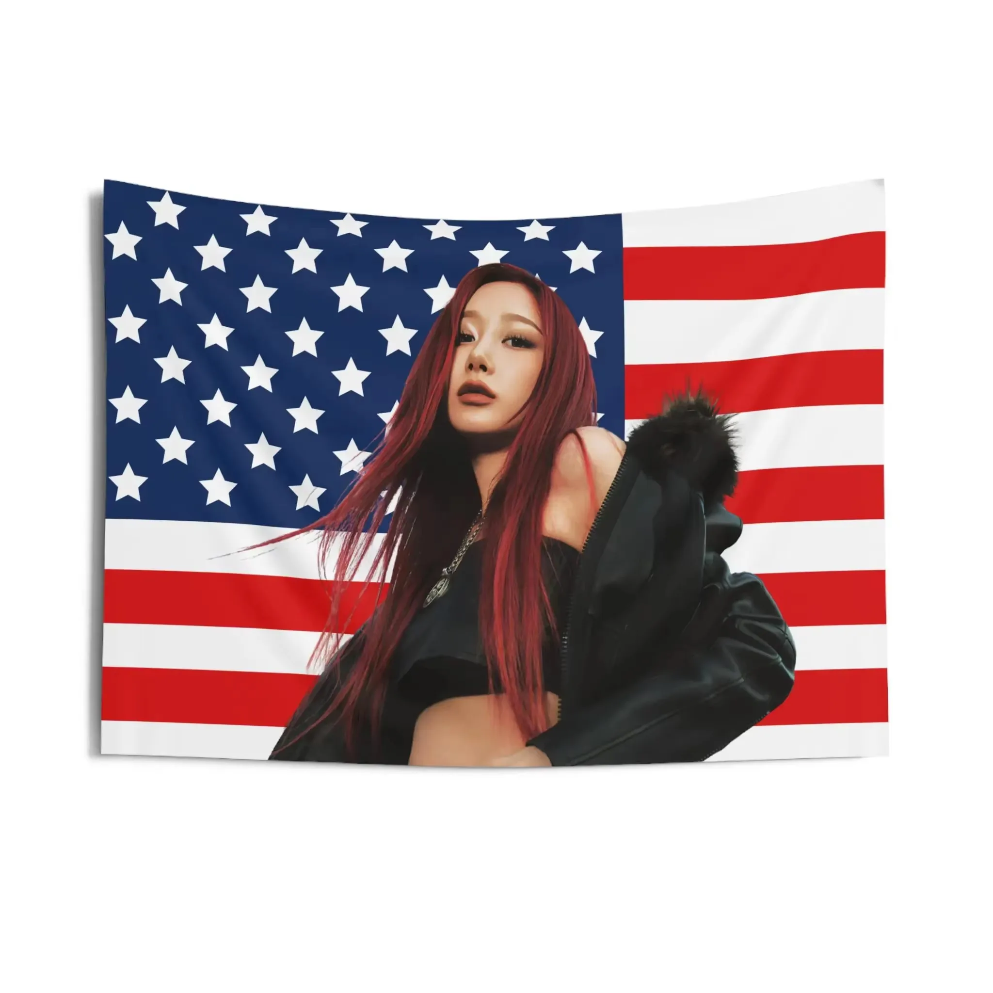 Aespa Giselle Curly Hair Flag Tapestry, American Print Kpop Concert Banner Wall Hanging for Bedroom Dorm Room Decor