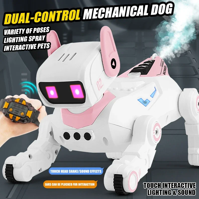 Perro mecánico con Control remoto Rc de 2,4G para niños, cachorros con luz y sonido, juguetes interactivos de Control Dual, regalo para niños