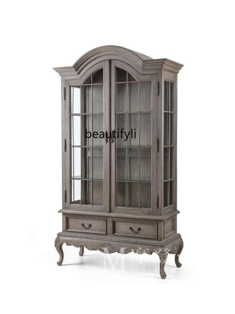 

American country retro old oak wine cabinet glass double door arch, living room, dining side cabinet