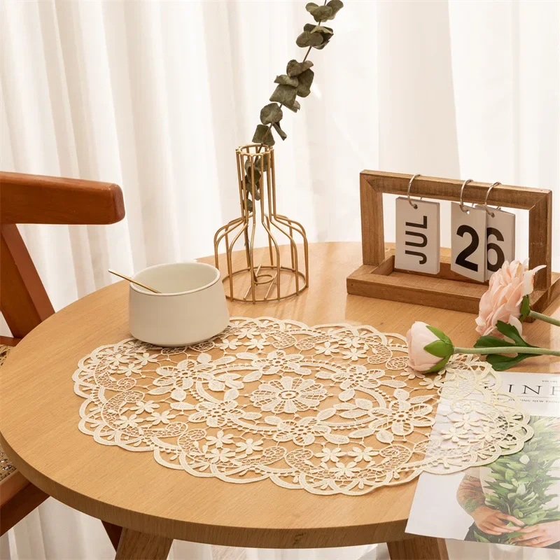 2Pcs French Embroidered Lace Placemats Table Mat Vintage Minimalist Style Coffee Coaster Wedding Kitchen Dining Table Cup Plate