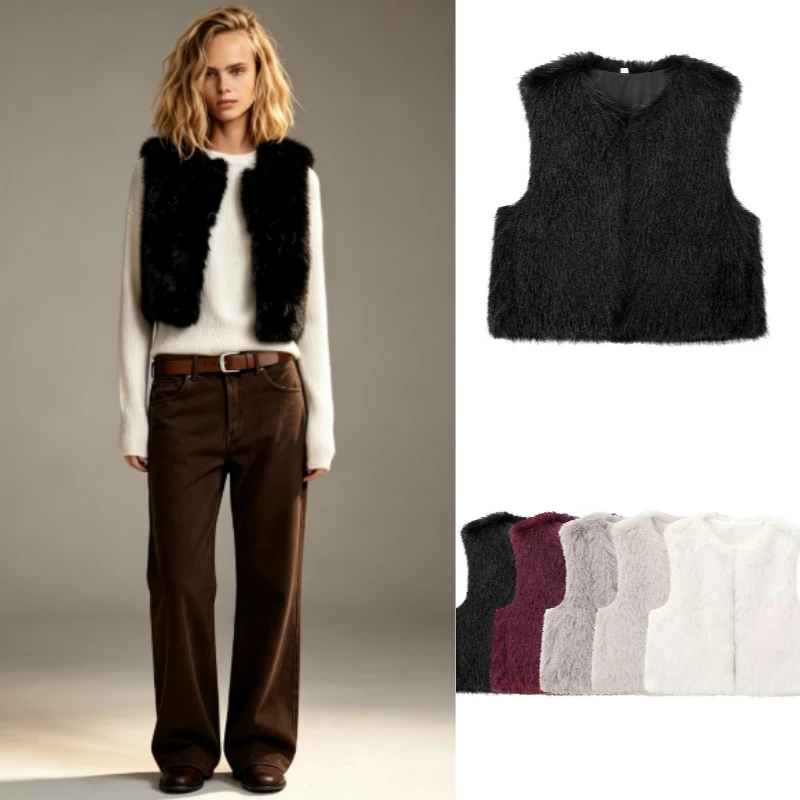 Women's Faux Fur Vest 2026 Autumn Winter New Fashion Crew Neck Sleeveless Solid Color Casual Minimalist Outerwear