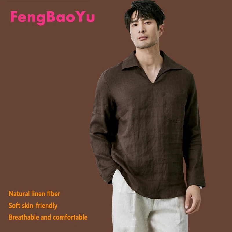 

100% Natural Linen Men's Long-sleeved V-neck T-shirt for Business Casual and Luxury Wear. Comfortable and Breathable