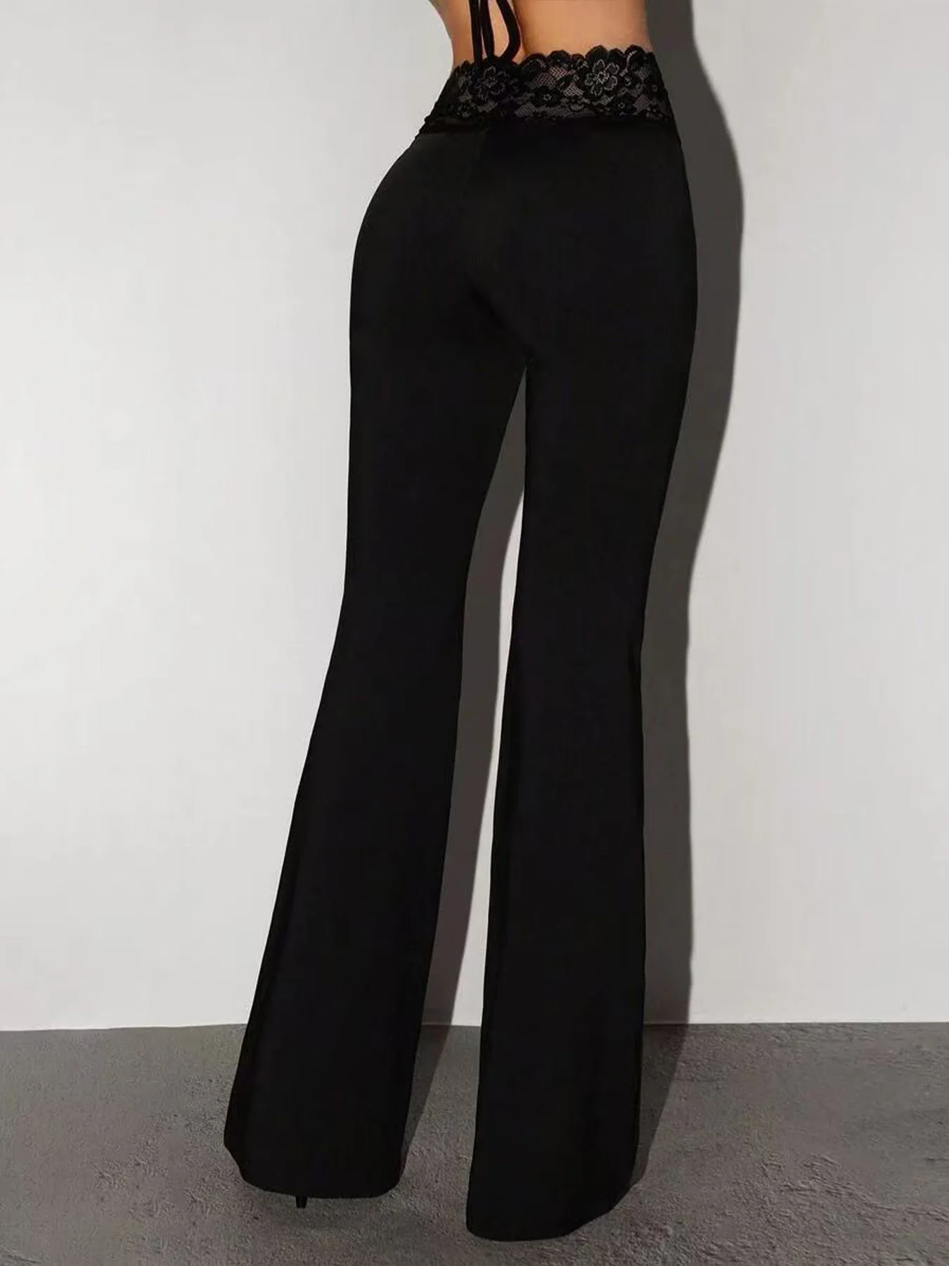 Black Super Low Waist Bell Bottom Pants Sexy Slim Fit Tummy Control Drapey Long Casual Pants Lace Splice Slimming Effect