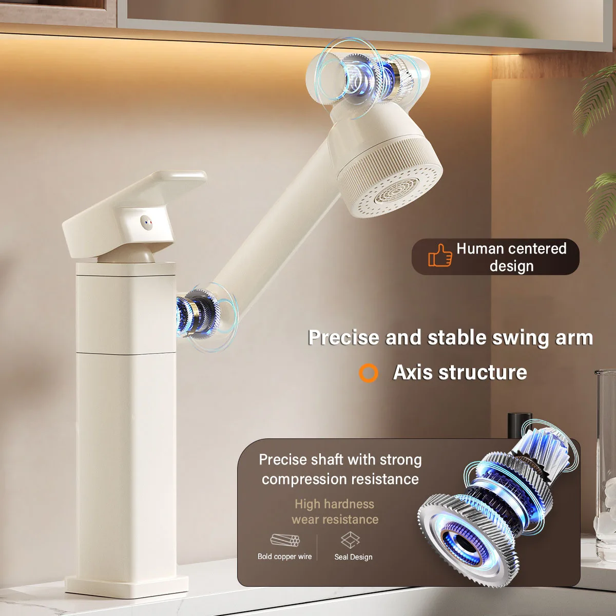 

360° Rotating Bathroom Sink Mixer Cold and Hot Yellow Tap Brass Material Height Can Be Adjusted Multi Function Nozzle