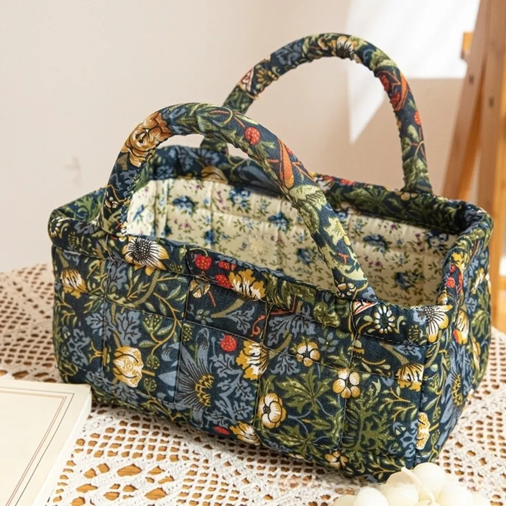 Floral Pattern Bento Handbags Foldable Patchwork Design Shopper Bag Cotton Material Portable Storage Basket