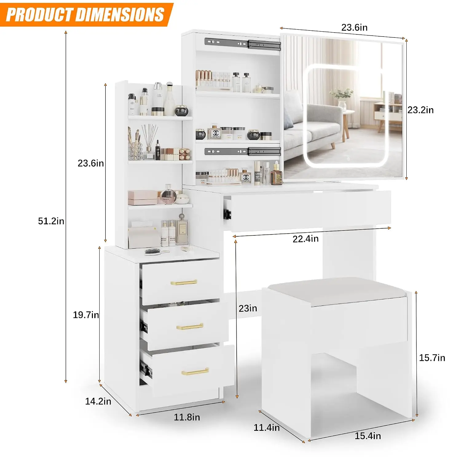 Vanity Desk With Mirror and LED Lights, Makeup Vanity Desk With Sliding Mirror, Power Outlet, 3 Color Adjustable Light, Dressing