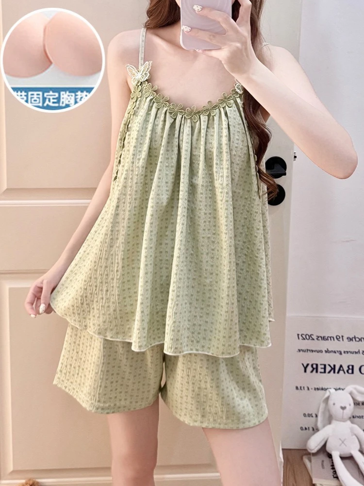 

Summer Two-piece Set Women Pjs Korean Pajamas Set Sleepwear with Chest Pad Tank Shorts Solid Loose Home Clothes Can Wear Outside