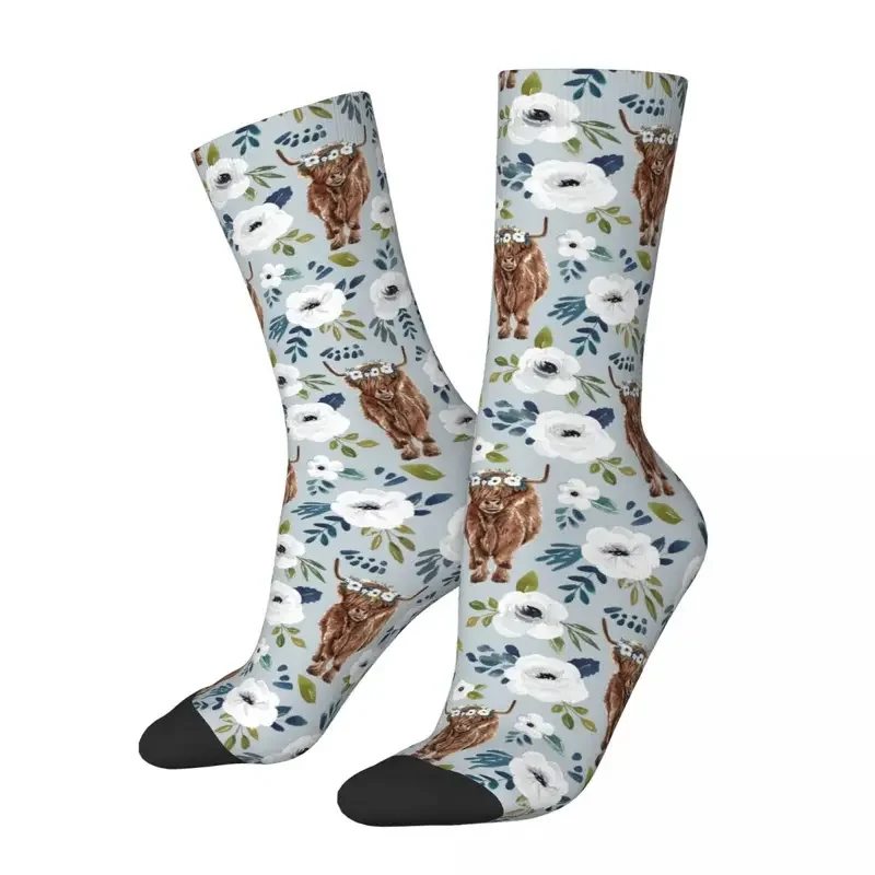 

Y2K Highland Cow With Flowers, Blue, Floral Crown Harajuku Super Soft Stockings All Season Long Socks Accessories