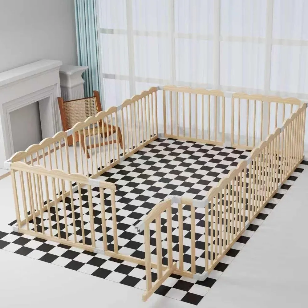Wooden Baby Playpen 98x65x24In Adjustable Play Yard with Lock Gate