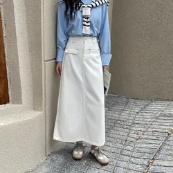 Women's High Waist A-Line Split Denim Skirt, Korean Style, Autumn and Winter