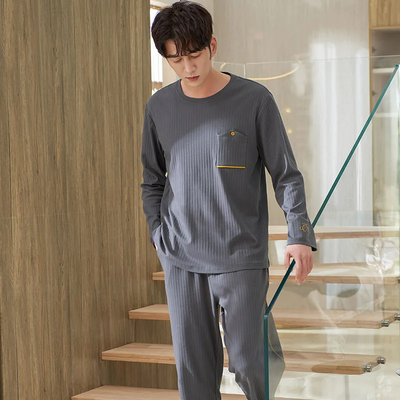 Men Casual Pajamas Set Full Cotton Male Long-sleeved Autumn Winter Pyjama Loose Men Home Set Sleepwear Tops + Long Pants 2PCS