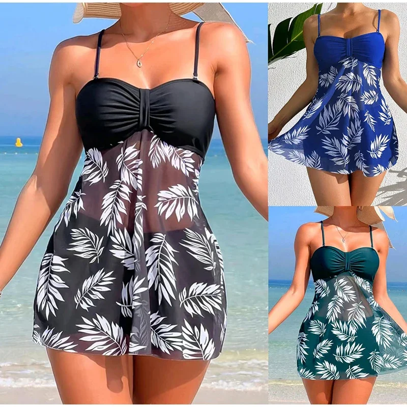 

2024 Sexy Swimwears Tankinis Set Women Bikini Set Leaf Printed Strap Two Piece Swimsuit Short Beachwear Dress Bikinis Set Summer