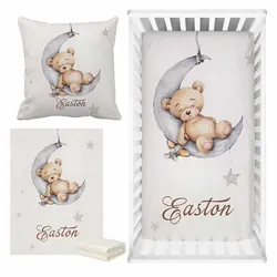 LVYZIHO Sleeping Bear Custom Name Crib Sheet Set, Sleeping Bear Sleep on Moon Crib Bedding Set, Baby Shower Gift Bedding Set