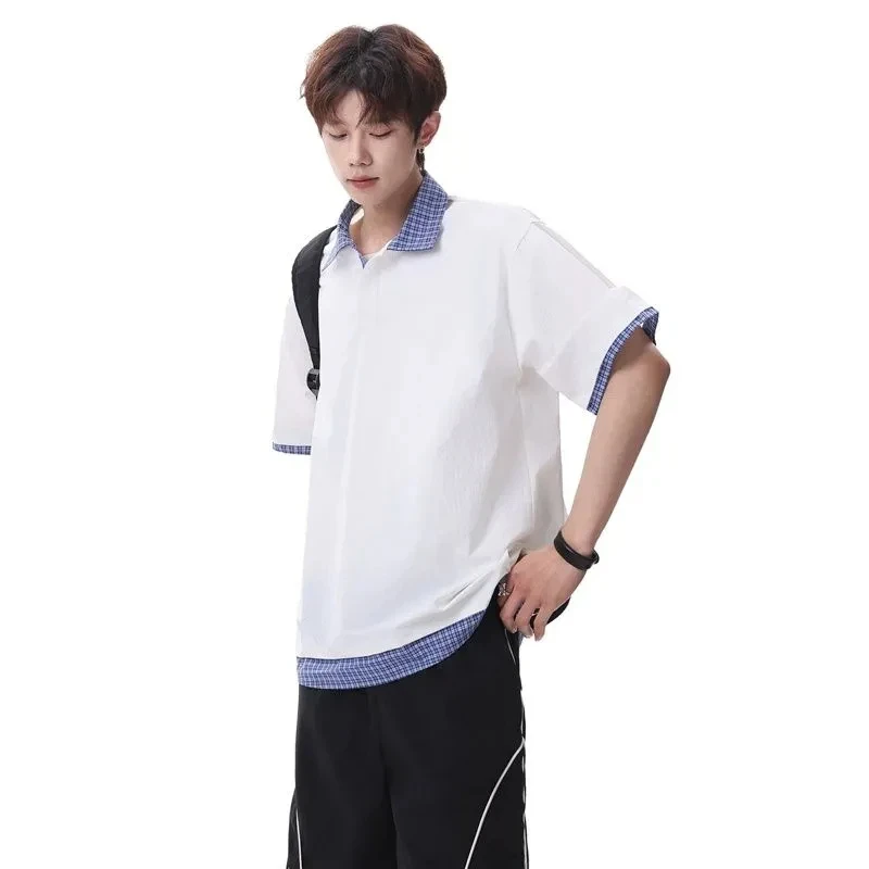 Men Plaid Spliced Collar Polo Shirt Summer Loose Breathable Button Short Sleeve Casual Daily Top S 4XL
