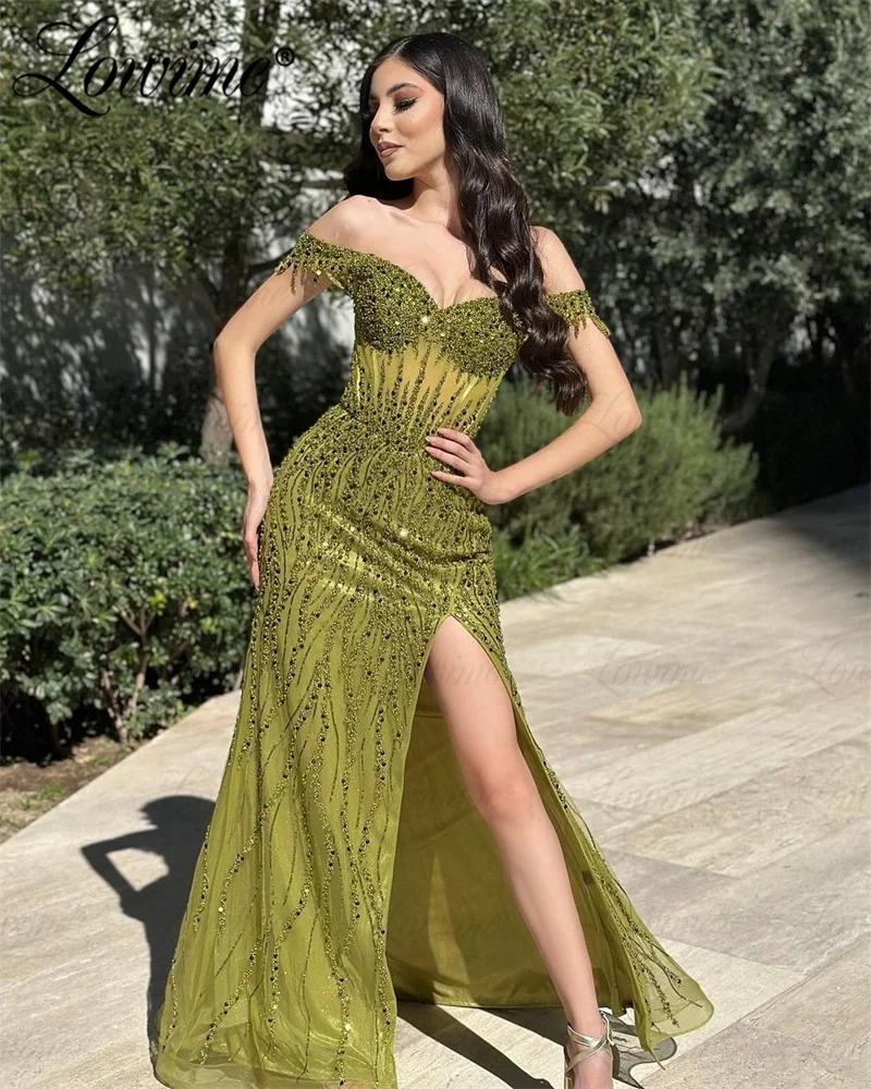 Sage Green Beading Prom Dress Long Wedding Party Dress 2024 Off Shoulder Woman Elegant Evening Gowns Custom Made Robe De Soiree